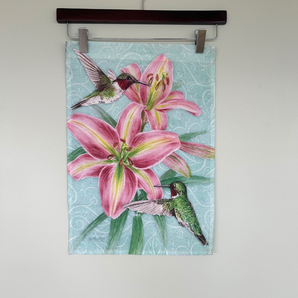 Jane Shasky Garden Flag Hummingbird Lily Pink Blue Floral Yard Decor 12x18